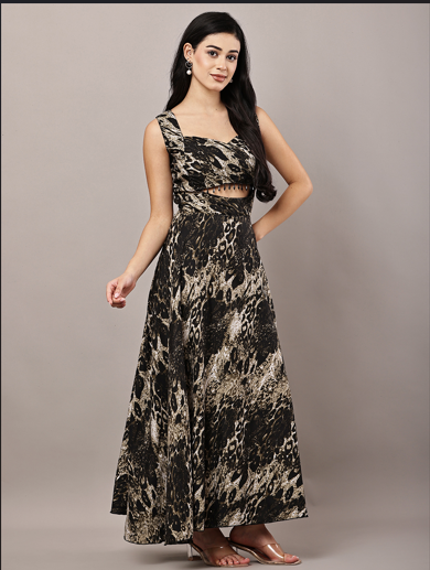 Women's Black Paisley Print Fit & Flare Maxi Dress with Front Cut-Out and Lace-Up Back